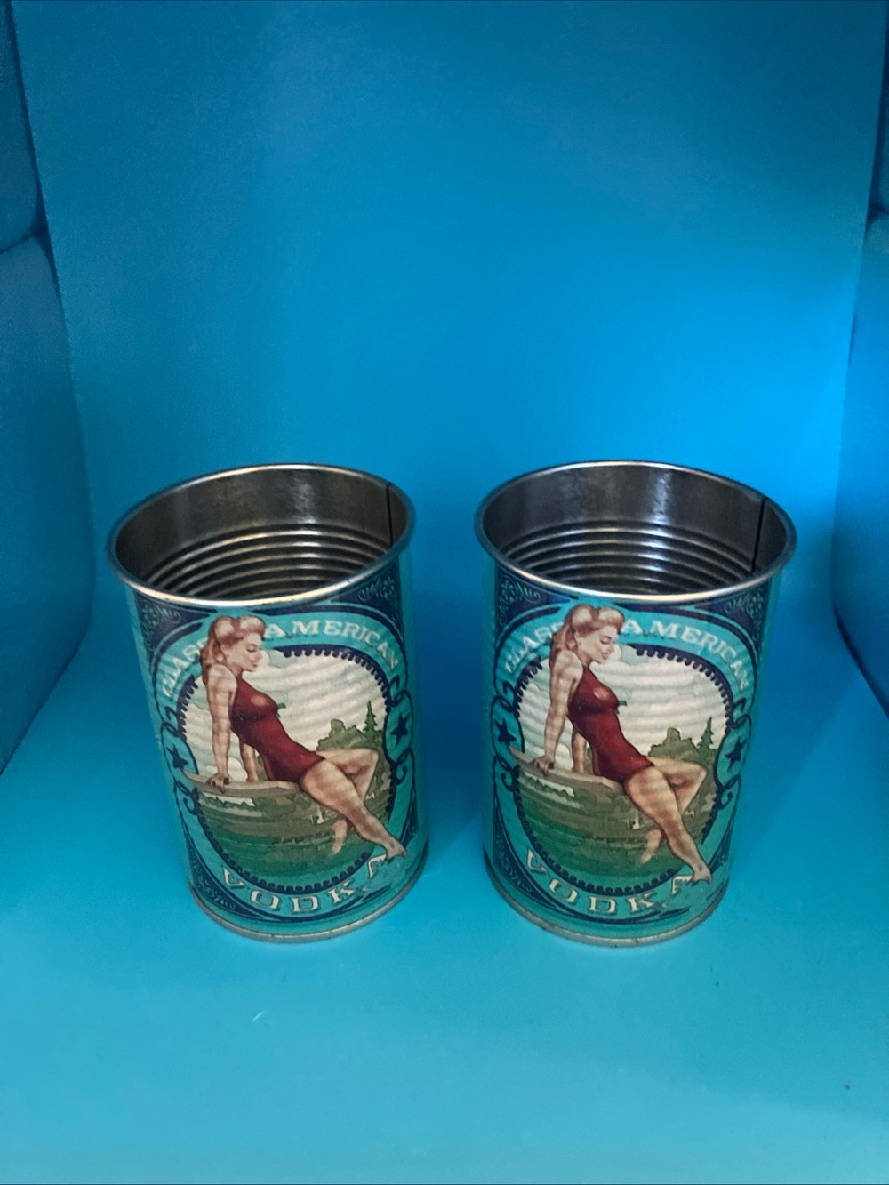 Deep Eddy Vodka Tin Can Cups 2 RETRO PIN UP GIRL Red Swimsuit CLASSIC AMERICAN